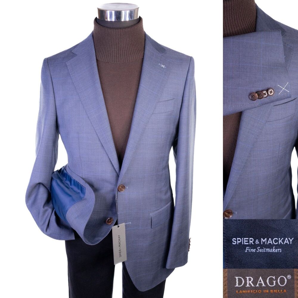Spier & Mackay X DRAGO Super 130's Wool Sport Coat Blazer Sz 38L Plaid Blue NWT